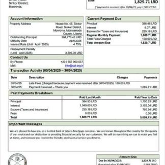 Liberia Central Bank of Liberia mortgage statement Word and PDF template download template file