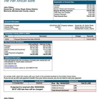 Liberia Ecobank Liberia mortgage statement Word and PDF template download template file
