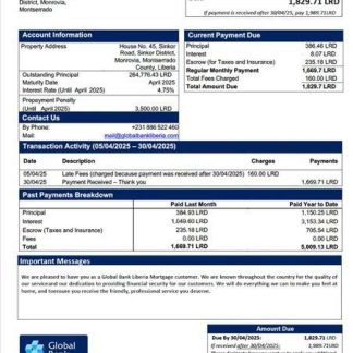 Liberia Global Bank Liberia mortgage statement Word and PDF template download template file