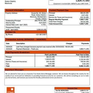 Liberia Guaranty Trust Bank Liberia mortgage statement Word and PDF template download template file