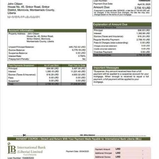 Liberia International Bank Liberia (IBLL) mortgage statement Word and PDF template download template file