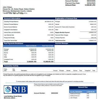 Liberia Sapelle International Bank Liberia Limited mortgage statement Word and PDF template download template file