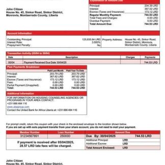 Liberia United Bank for Africa Liberia mortgage statement Word and PDF template download template file