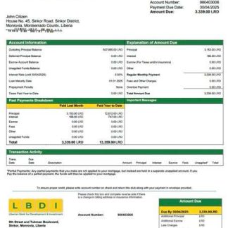 Liberian Bank for Development and Investment (LBDI) mortgage statement Word and PDF template download template file