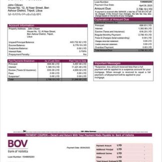 Libya Bank of Valletta mortgage statement Word and PDF template download template file