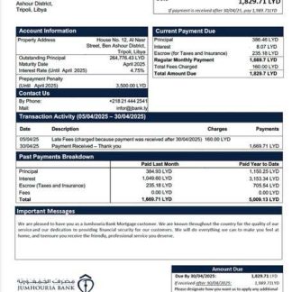 Libya Jumhouria Bank mortgage statement Word and PDF template download template file