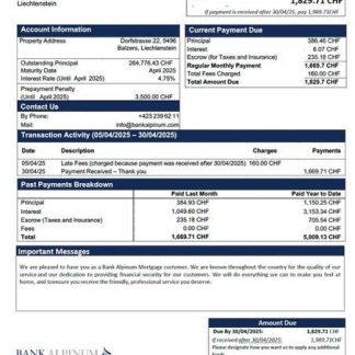 Liechtenstein Bank Alpinum mortgage statement Word and PDF template download template file