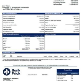 Liechtenstein Bank Frick & Co mortgage statement Word and PDF template download template file