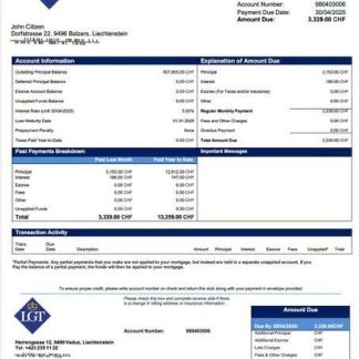 Liechtenstein LGT Bank mortgage statement Word and PDF template download template file