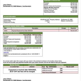 Liechtenstein Liechtensteinische Landesbank AG mortgage statement Word and PDF template download template file