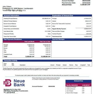 Liechtenstein Neue Bank mortgage statement Word and PDF template download template file