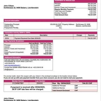 Liechtenstein SIGMA KREDITBANK AG mortgage statement Word and PDF template download template file