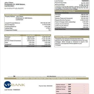 Liechtenstein VP Bank AG mortgage statement Word and PDF template download template file