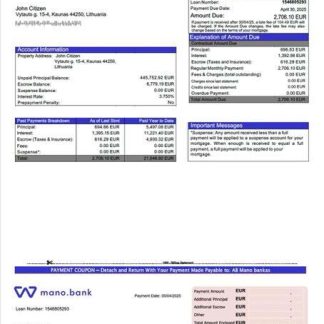Lithuania AB Mano bankas mortgage statement Word and PDF template download template file