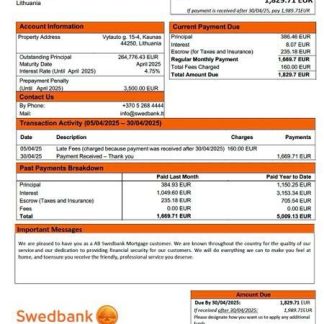 Lithuania AB Swedbank mortgage statement Word and PDF template download template file