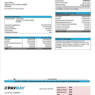 Lithuania UAB PayRay Bank mortgage statement Word and PDF template download template file