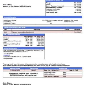 Lithuania UAB SME Bank mortgage statement Word and PDF template download template file