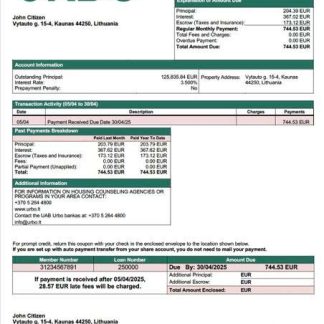 Lithuania UAB Urbo bankas mortgage statement Word and PDF template download template file