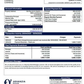 Luxembourg Advanzia Bank mortgage statement Word and PDF template download template file