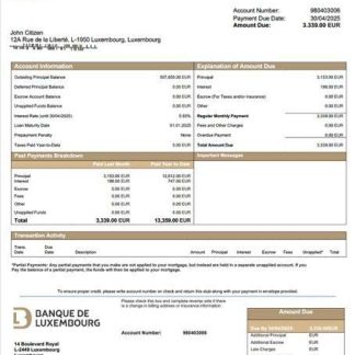 Luxembourg Banque de Luxembourg mortgage statement Word and PDF template download template file