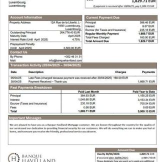 Luxembourg Banque Havilland mortgage statement Word and PDF template download template file