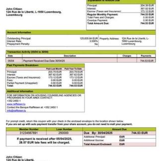 Luxembourg Banque Raiffeisen mortgage statement Word and PDF template download template file