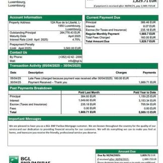 Luxembourg BGL BNP Paribas mortgage statement Word and PDF template download template file