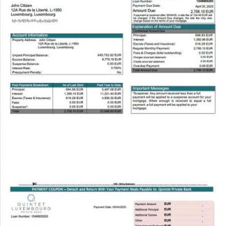 Luxembourg Quintet Private Bank mortgage statement Word and PDF template download template file