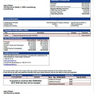 Luxembourg Spuerkeess Bank mortgage statement Word and PDF template download template file