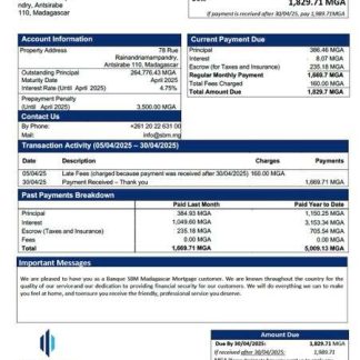 Madagascar Banque SBM Madagascar mortgage statement Word and PDF template download template file