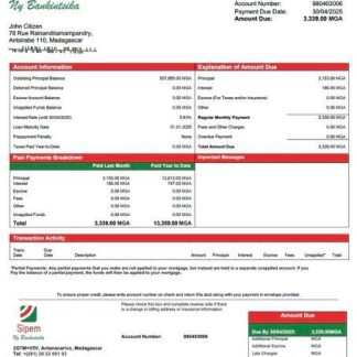 Madagascar SIPEM Banque mortgage statement Word and PDF template download template file
