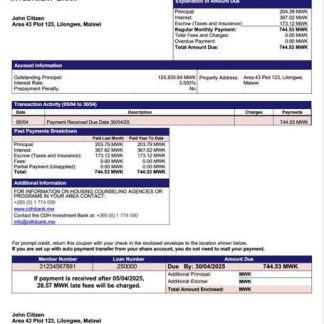 Malawi CDH Investment Bank mortgage statement Word and PDF template download template file