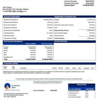 Malawi Centenary Bank Malawi mortgage statement Word and PDF template download template file