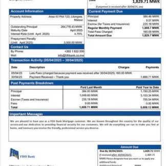 Malawi FDH Bank mortgage statement Word and PDF template download template file