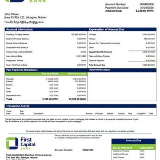 Malawi First Capital Bank Malawi mortgage statement Word and PDF template download template file