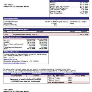 Malawi National Bank of Malawi mortgage statement Word and PDF template download template file