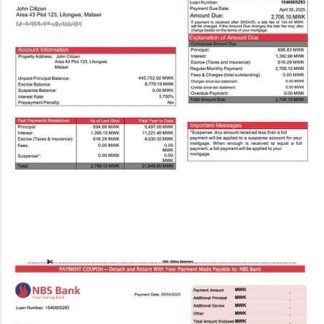 Malawi NBS Bank mortgage statement Word and PDF template download template file