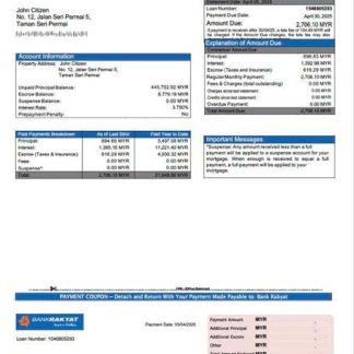 Malaysia Bank Rakyat mortgage statement Word and PDF template download template file