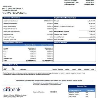 Malaysia Citibank Malaysia mortgage statement Word and PDF template download template file