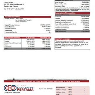 Malaysia Co op Bank Pertama mortgage statement Word and PDF template download template file