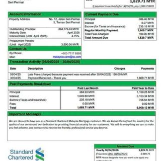 Malaysia Standard Chartered Malaysia mortgage statement Word and PDF template download template file