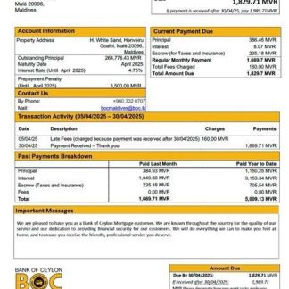 Maldives Bank of Ceylon mortgage statement Word and PDF template download template file