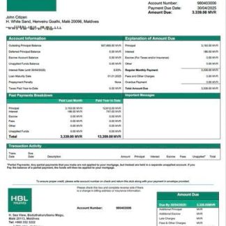 Maldives Habib Bank Limited (HBL) mortgage statement Word and PDF template download template file