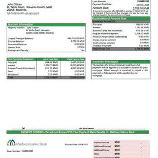 Maldives Islamic Bank mortgage statement Word and PDF template download template file