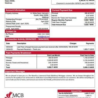 Maldives The Mauritius Commercial Bank (Maldives) mortgage statement Word and PDF template download template file