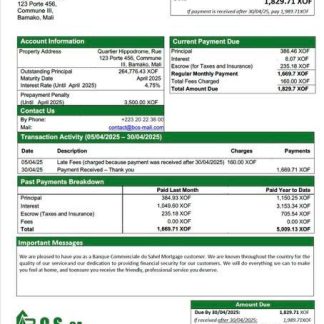 Mali Banque Commerciale du Sahel (BCS) mortgage statement Word and PDF template download template file