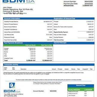 Mali Banque du Développement du Mali (BDM) mortgage statement Word and PDF template download template file