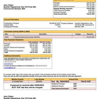 Mali Banque Malienne de Solidarité (BMS) mortgage statement Word and PDF template download template file