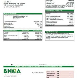 Mali Banque Nationale de Développement Agricole (BNDA) mortgage statement Word and PDF template download template file