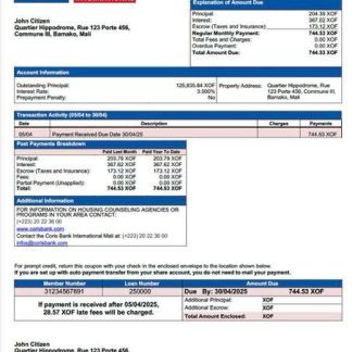 Mali Coris Bank International Mali mortgage statement Word and PDF template download template file
